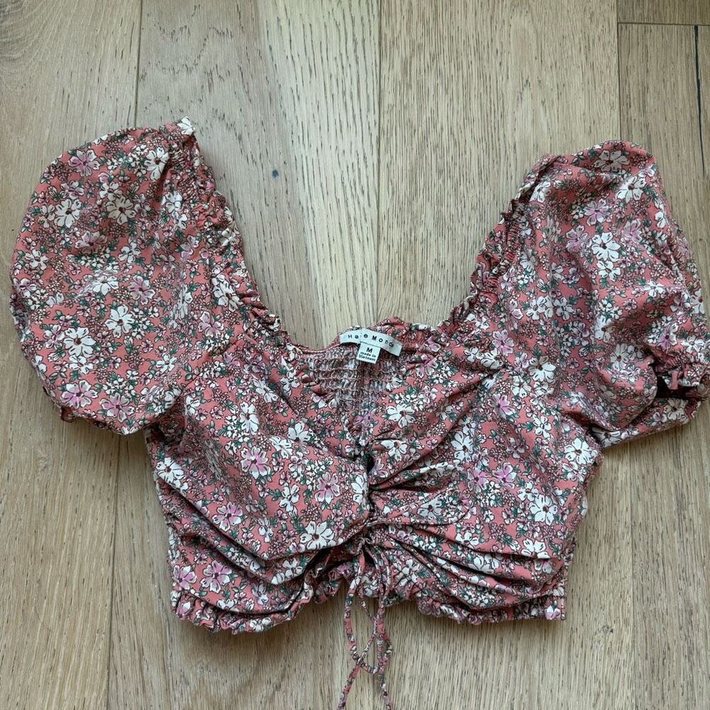 Haute Monde Floral Puff Sleeve Lace Up Crop Top Feminine Romantic Size Medium